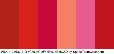 #B22117 #D6211D #C6093C #F47E66 #E85C8D #BF151D Colors