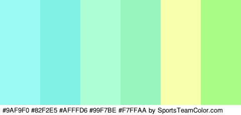 #9AF9F0 #82F2E5 #AFFFD6 #99F7BE #F7FFAA #A9FC88 Colors