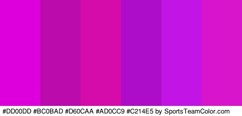 #DD00DD #BC0BAD #D60CAA #AD0CC9 #C214E5 #D815CB Colors