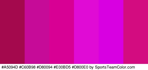 #A5094D #C60B98 #D80094 #E00BD5 #D800E0 #D30C80 Colors