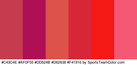 #C43C4E #AF0F55 #DD524B #D62638 #F41916 #F45874 Colors