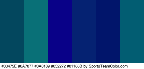 #03475E #0A7077 #0A0189 #052272 #01166B #025C72 Colors