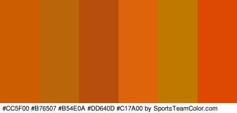 #CC5F00 #B76507 #B54E0A #DD640D #C17A00 #DD4900 Colors