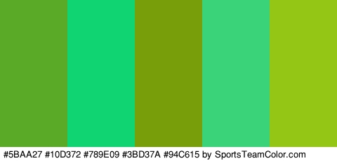 #5BAA27 #10D372 #789E09 #3BD37A #94C615 Colors