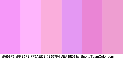 #F698F9 #FFB5FB #F9AEDB #E597F4 #EA85D6 #EF9ED1 Colors