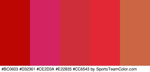 #BC0603 #D32361 #CE2D3A #E22835 #CC6543 Colors