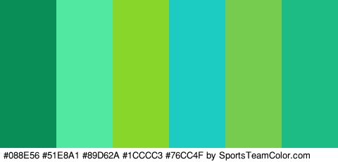 #088E56 #51E8A1 #89D62A #1CCCC3 #76CC4F #1EBC85 Colors