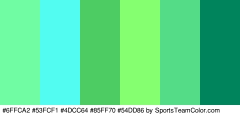 #6FFCA2 #53FCF1 #4DCC64 #85FF70 #54DD86 #00845C Colors