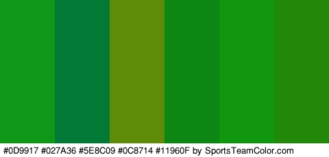 #0D9917 #027A36 #5E8C09 #0C8714 #11960F #228908 Colors