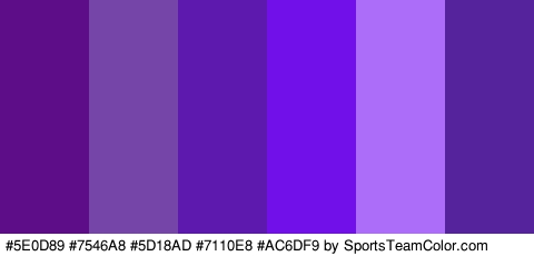 #5E0D89 #7546A8 #5D18AD #7110E8 #AC6DF9 #55239B Colors