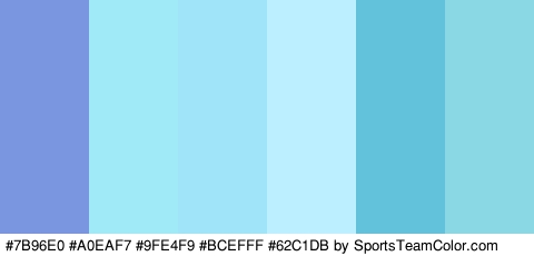 #7B96E0 #A0EAF7 #9FE4F9 #BCEFFF #62C1DB #8BD8E5 Colors