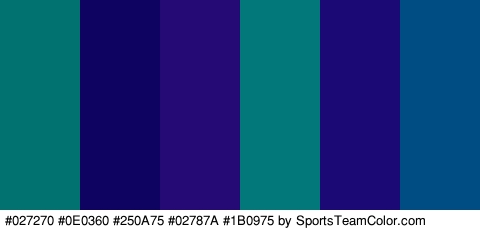 #027270 #0E0360 #250A75 #02787A #1B0975 #004D84 Colors