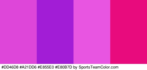 #DD46D8 #A21DD6 #E855E0 #E80B7D Colors