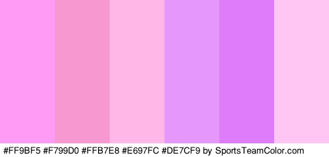 #FF9BF5 #F799D0 #FFB7E8 #E697FC #DE7CF9 #FFC6F4 Colors