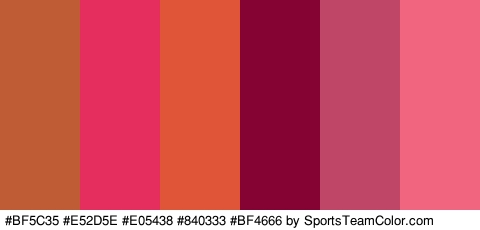 #BF5C35 #E52D5E #E05438 #840333 #BF4666 #F2657F Colors