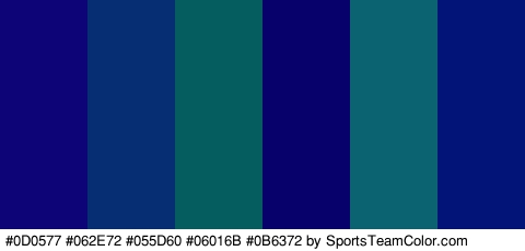 #0D0577 #062E72 #055D60 #06016B #0B6372 #021477 Colors