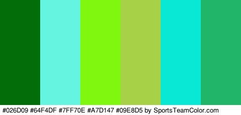 #026D09 #64F4DF #7FF70E #A7D147 #09E8D5 #20B568 Colors