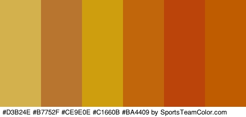 #D3B24E #B7752F #CE9E0E #C1660B #BA4409 #BF5C00 Colors