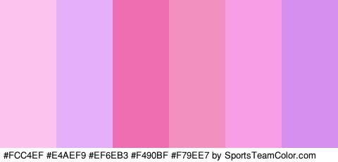 #FCC4EF #E4AEF9 #EF6EB3 #F490BF #F79EE7 #D48FEF Colors