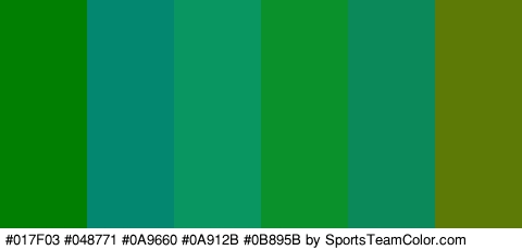 #017F03 #048771 #0A9660 #0A912B #0B895B #5D7A06 Colors