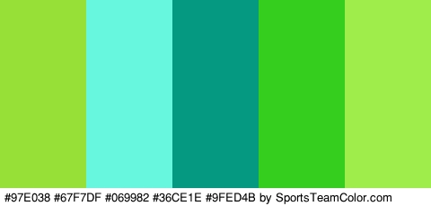 #97E038 #67F7DF #069982 #36CE1E #9FED4B Colors