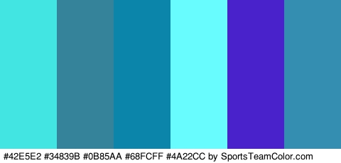 #42E5E2 #34839B #0B85AA #68FCFF #4A22CC #338EB2 Colors