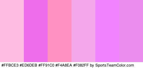 #FFBCE3 #ED6DEB #FF91C0 #F4A8EA #F082FF #E98DEF Colors