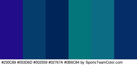 #230C89 #053D6D #002559 #02767A #0B6C84 #052E68 Colors