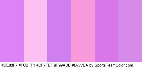 #DE83F7 #FCBFF1 #CF7FEF #F99ADB #D777EA #D58AEA Colors