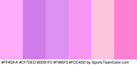 #FFADFA #CF7DED #DD91F2 #F995F3 #FCC4DD #FF7FD2 Colors