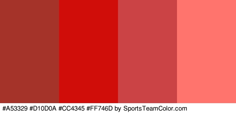 #A53329 #D10D0A #CC4345 #FF746D Colors