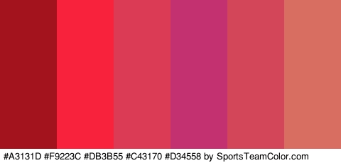 #A3131D #F9223C #DB3B55 #C43170 #D34558 #D86D61 Colors